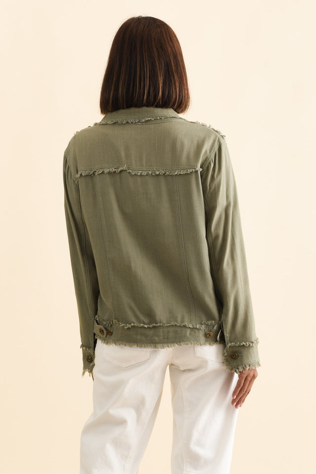 Oakley Khaki Linen Frayed Jacket,Brunette model,alt text|model:Cara image 5