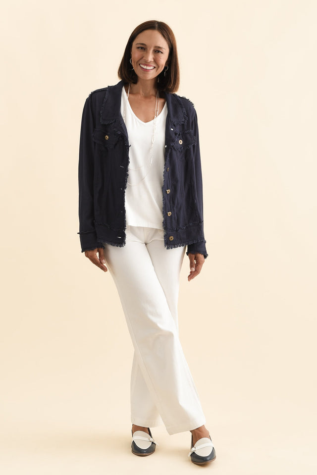 Oakley Navy Linen Frayed Jacket,Brunette model,alt text|model:Cara image 8