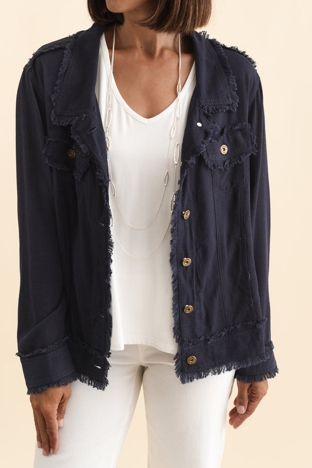 Oakley Navy Linen Frayed Jacket,Brunette model,alt text|model:Cara image 7