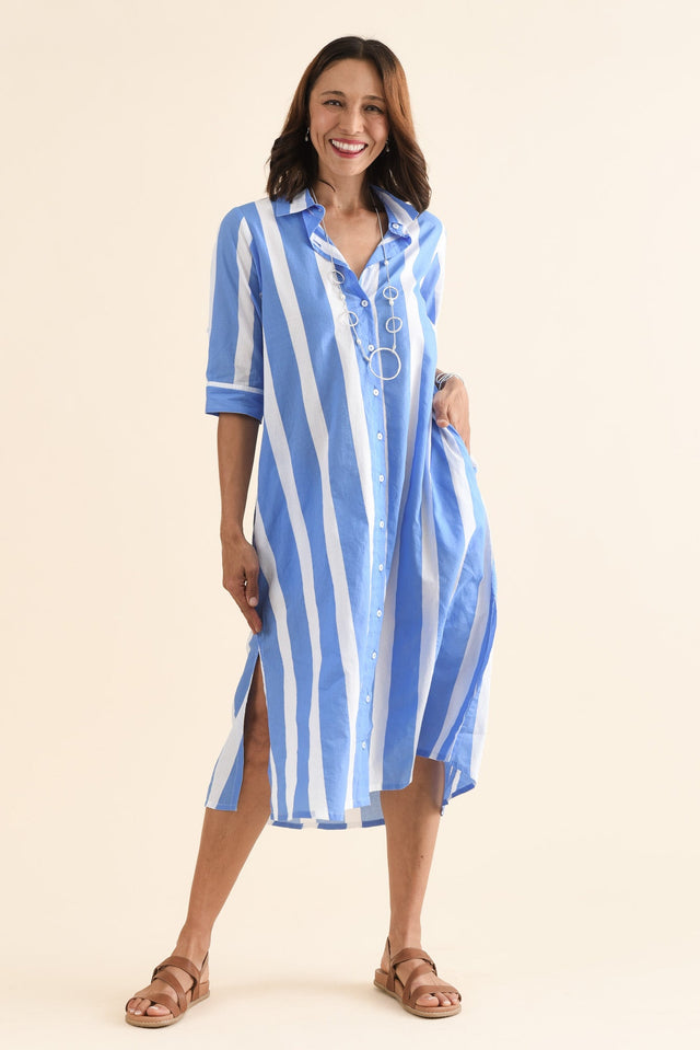 Odessa Blue Stripe Organic Cotton Shirt Dress,Full Body,Brunette model,alt text|model:Cara image 2