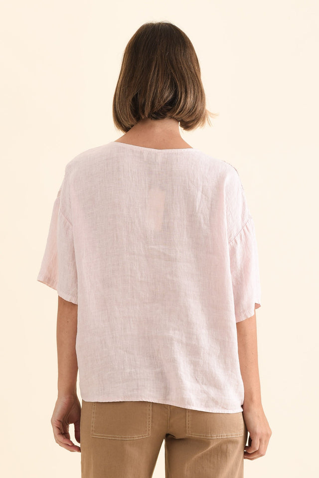 Odia Pink Abstract Linen Embroidered Top,Back,Brunette model,alt text|model:Laura image 4