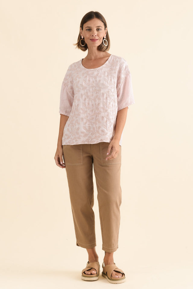 Odia Pink Abstract Linen Embroidered Top,Full Body,Brunette model,alt text|model:Laura