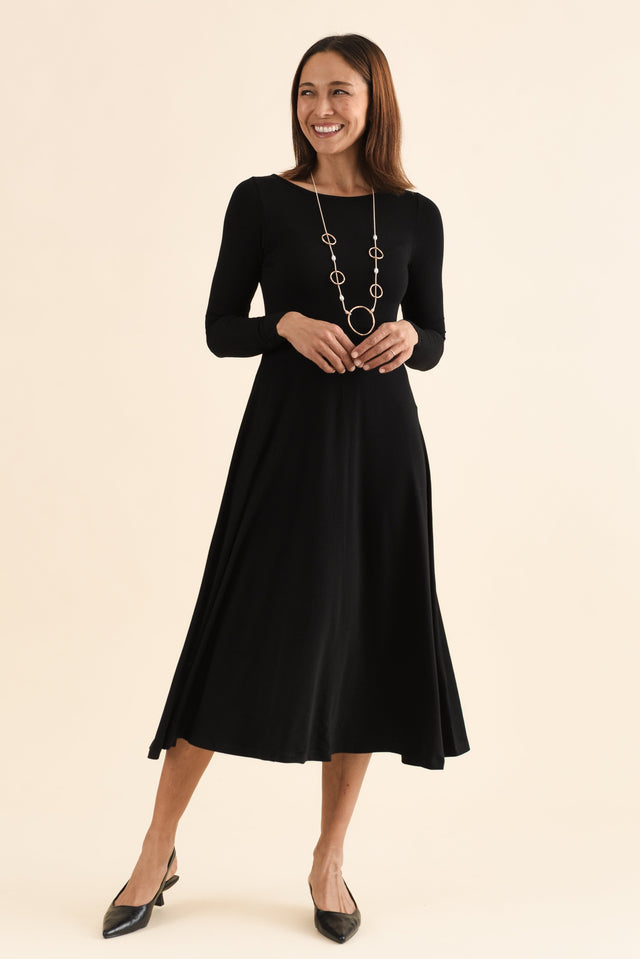 Olivia Black Bamboo Sleeved Dress,Full Body,Brunette model,alt text|model:Cara image 4
