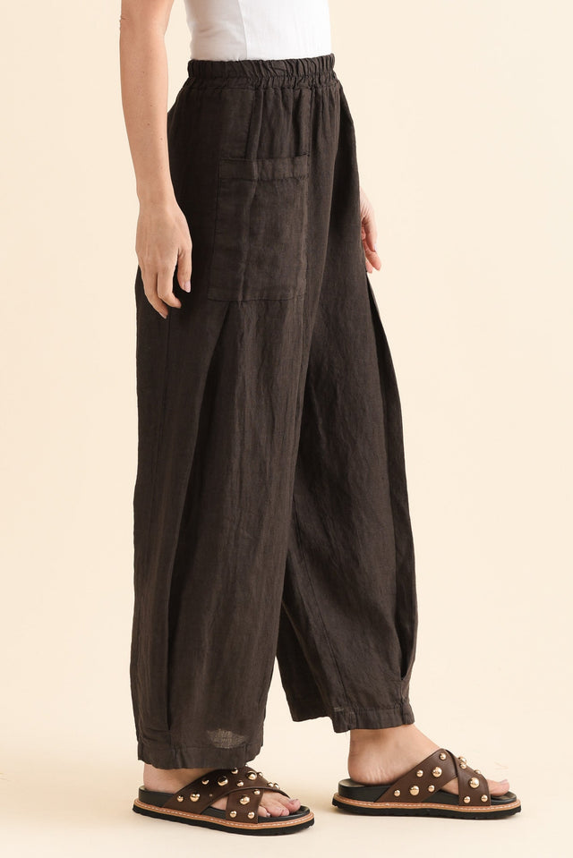 Ona Chocolate Linen Barrel Pants,Side,Brunette model,alt text|model:MJ image 3