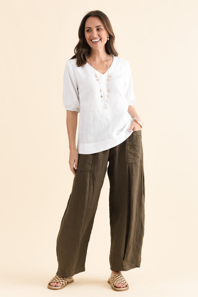 Ona Khaki Linen Barrel Pants,Full Body,Brunette model,alt text|model:MJ image 6