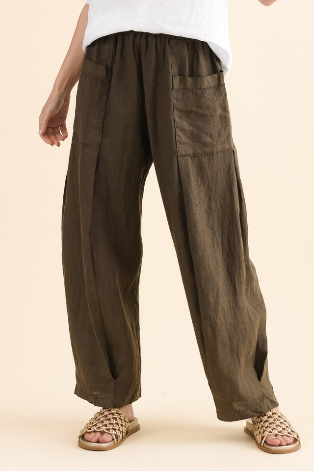 Ona Khaki Linen Barrel Pants,Front,Brunette model,alt text|model:MJ image 1
