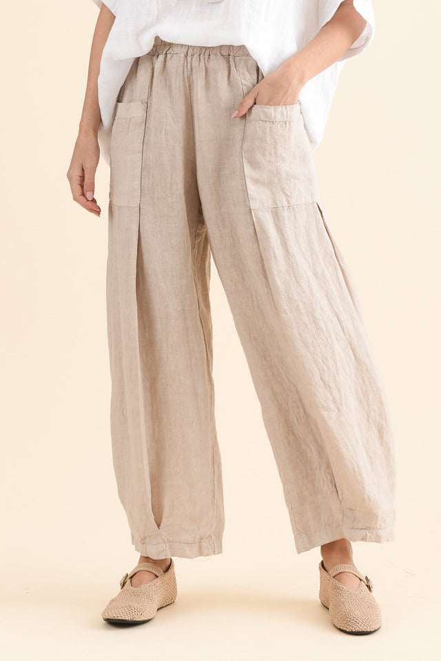 Ona Natural Linen Barrel Pants,Front,Brunette model,alt text|model:MJ image 1