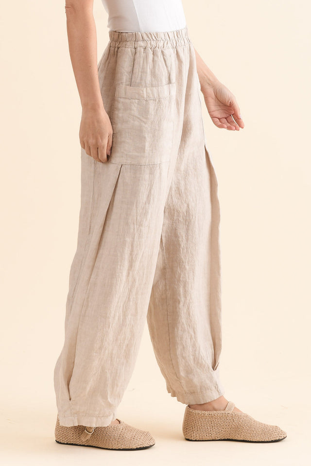 Ona Natural Linen Barrel Pants,Side,Brunette model,alt text|model:MJ image 3