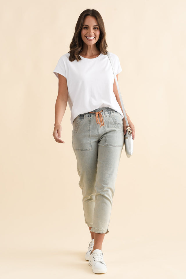 Orbe Light Blue Denim Drawstring Jeans,Brunette model,alt text|model:MJ image 4