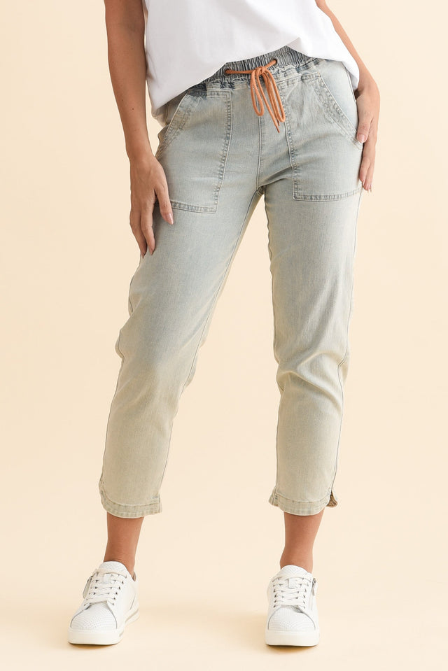 Orbe Light Blue Denim Drawstring Jeans,Brunette model,alt text|model:MJ image 3
