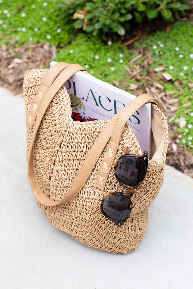 Oriana Tan Straw Shoulder Bag