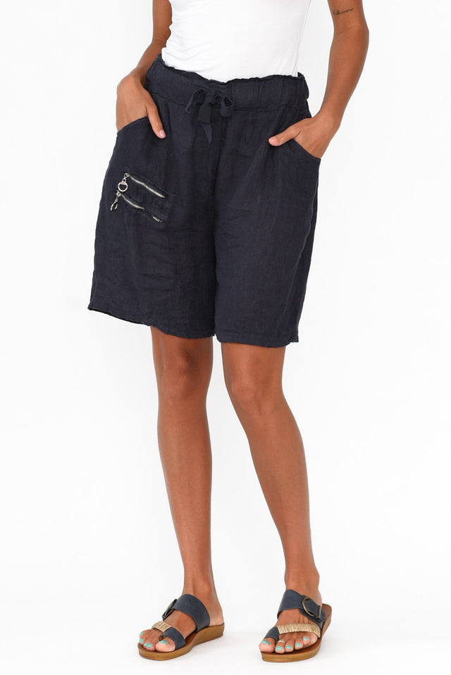 Oriane Navy Zip Linen Shorts