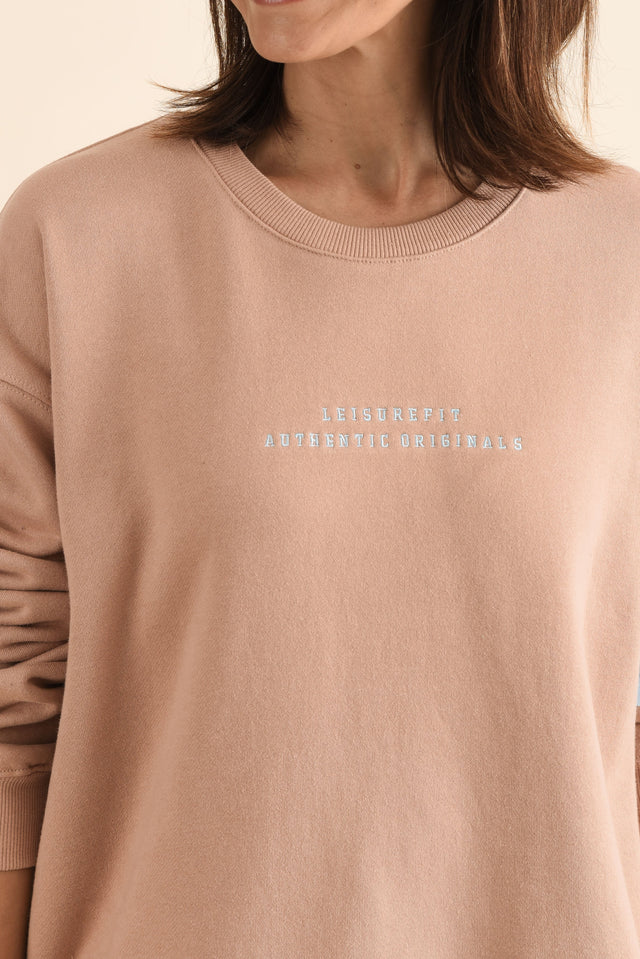 Origin Tan Cotton Crewneck Sweatshirt,Detail,Brunette model,alt text|model:Cara image 5