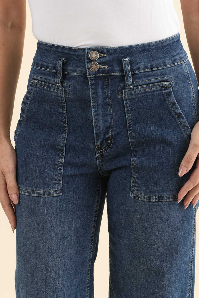 Orwell Mid Blue Straight Leg Jeans,Brunette model,alt text|model:MJ image 6
