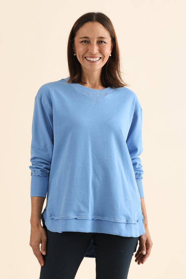 Osbourne Light Blue Cotton Sweatshirt,Front,Brunette model,alt text|model:Cara image 1