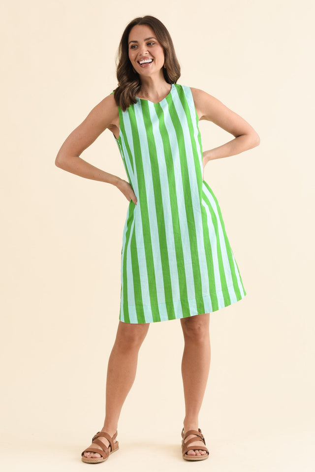 Palermo Green Stripe Linen Blend Dress,Full Body,Brunette model,alt text|model:MJ