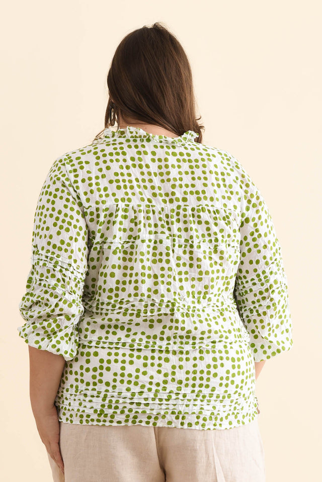 Palmer Green Spot Cotton Long Sleeve Top,Brunette model,alt text|model:Gabby image 11