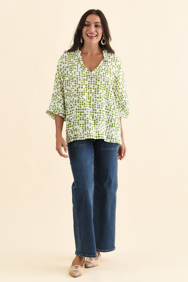 Palmer Green Spot Cotton Long Sleeve Top,Brunette model,alt text|model:Brontie image 7