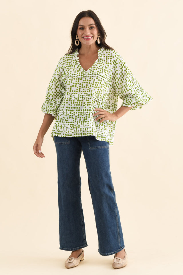 Palmer Green Spot Cotton Long Sleeve Top,Brunette model,alt text|model:Brontie image 3