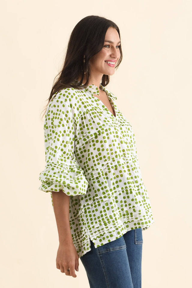 Palmer Green Spot Cotton Long Sleeve Top,Brunette model,alt text|model:Brontie image 4