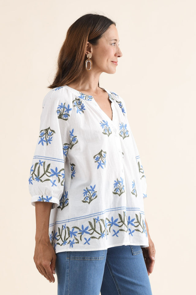Pandora White Floral Embroidered Cotton Top,Side,Brunette model,alt text|model:Cara image 3