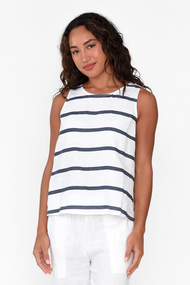 Paolina Blue Stripe Linen Tank neckline_Round  alt text|model:Demi;wearing:AU 8 / US 4