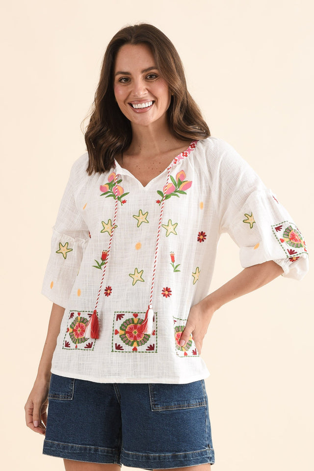Paradiso Cream Beach Cotton Tassel Top,Front,Brunette model,alt text|model:MJ image 1