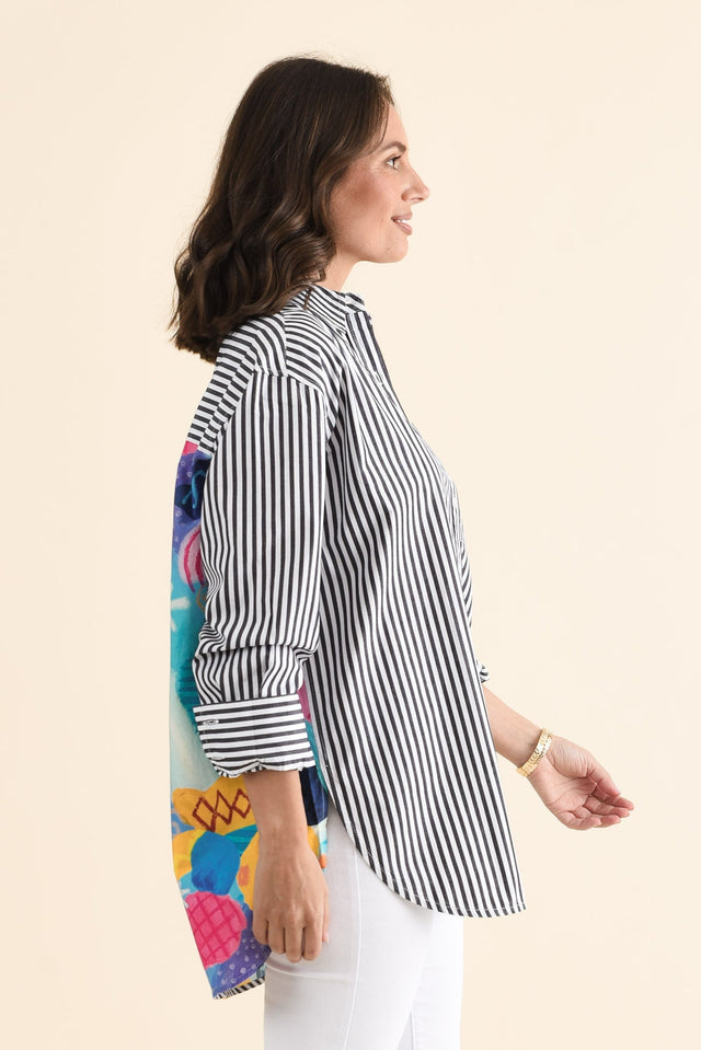 Party Navy Stripe Cotton Shirt,brunette model,Back of Outfit,alt text|model:MJ image 4