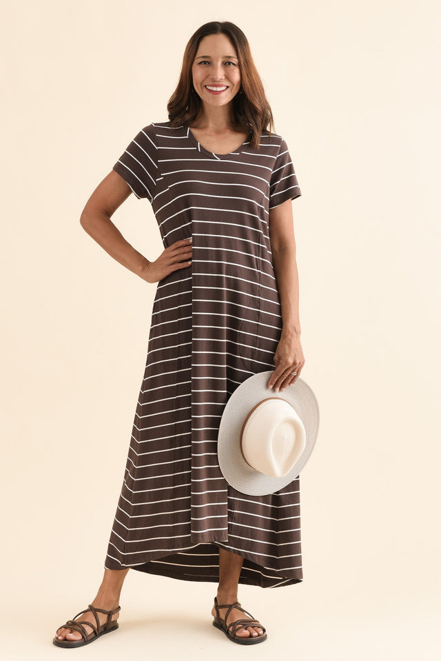 Patrick Dark Brown Stripe Cotton Pocket Dress,Front,Brunette model,alt text|model:Cara