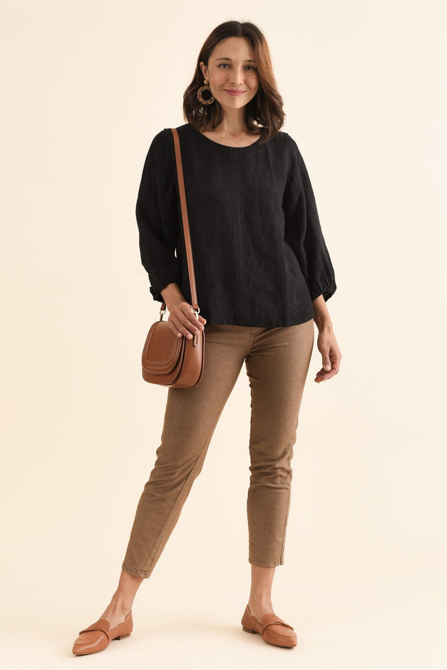 Pattison Black Linen Puff Sleeve Top,Full Body,Brunette model,alt text|model:Cara image 2