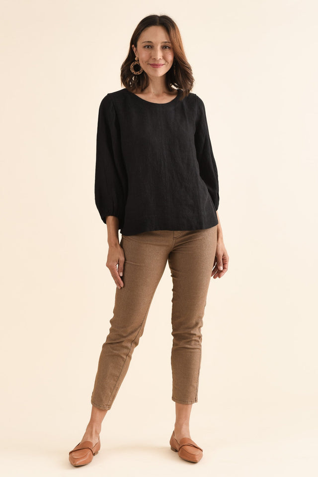 Pattison Black Linen Puff Sleeve Top,Full Body,Brunette model,alt text|model:Cara image 6