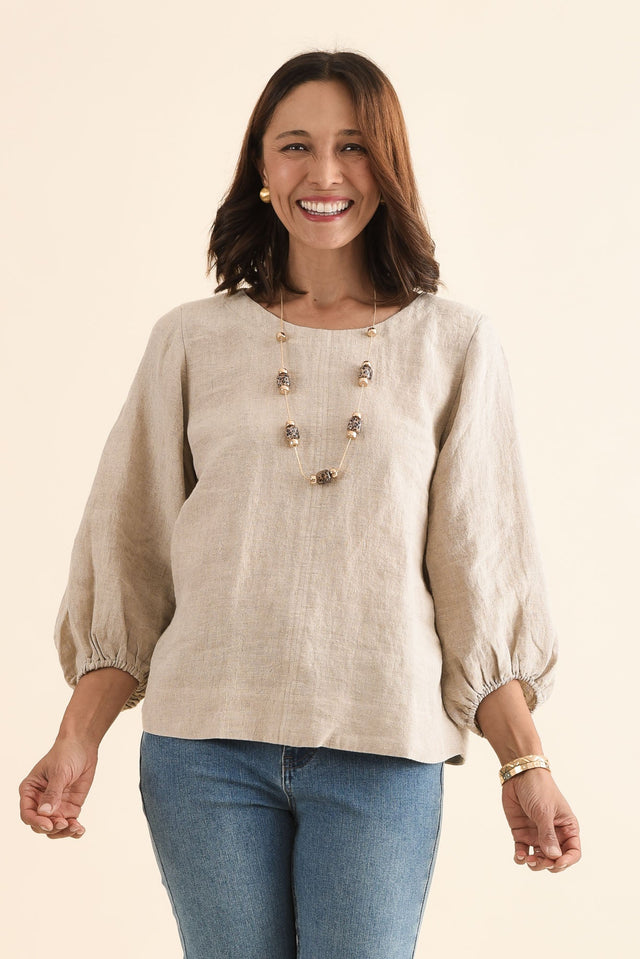 Pattison Natural Linen Puff Sleeve Top,Front,Brunette model,alt text|model:Cara image 1