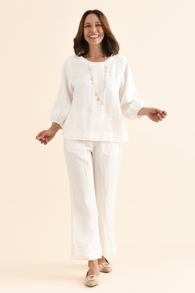 Pattison White Linen Puff Sleeve Top,Full Body,Brunette model,alt text|model:Cara