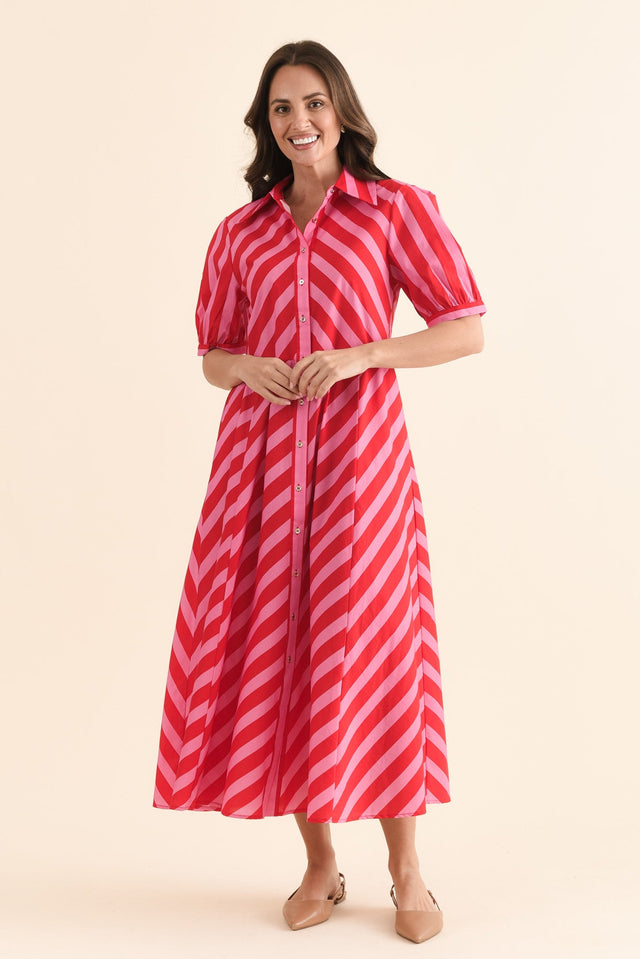 Patty Red Stripe Cotton Shirt Dress,Full Body,Brunette model,alt text|model:MJ image 6