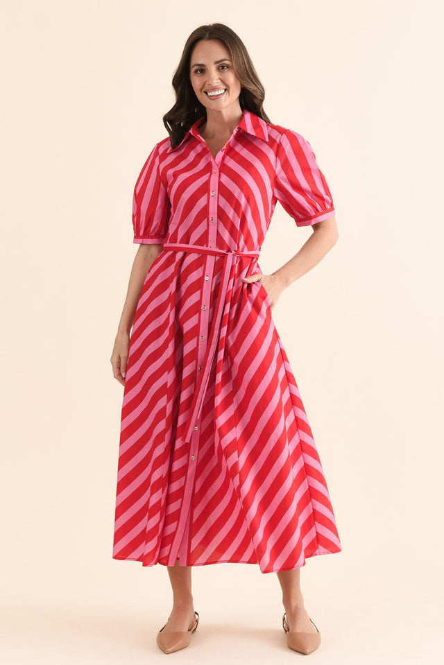 Patty Red Stripe Cotton Shirt Dress,Full Body,Brunette model,alt text|model:MJ
