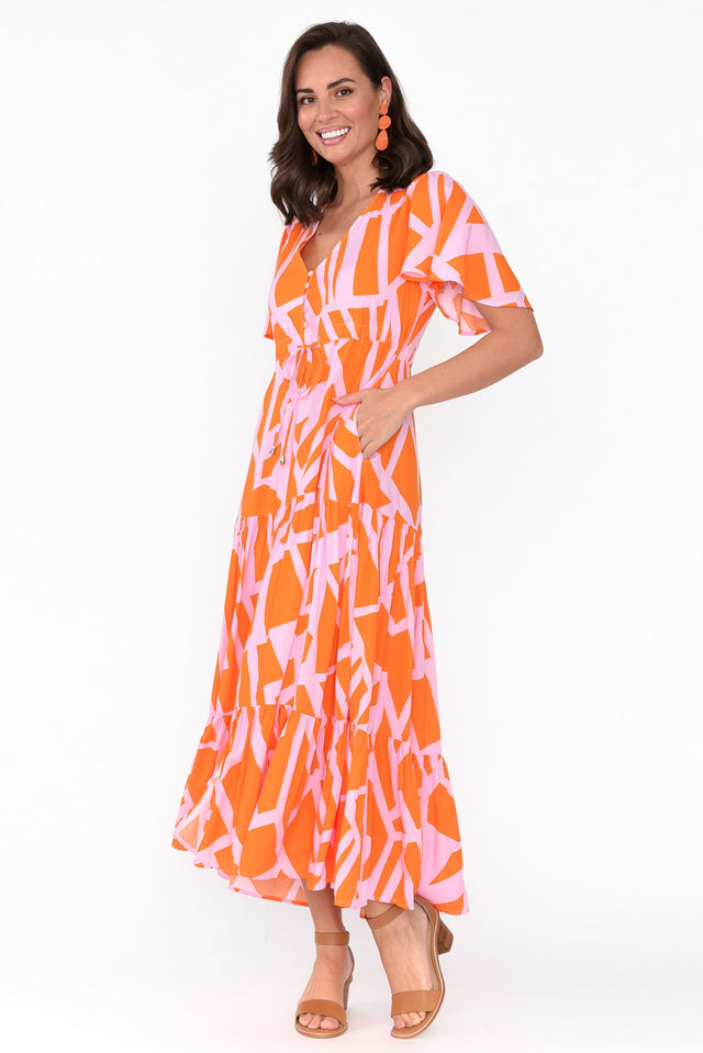 Buxton Orange Abstract Button Tier Dress