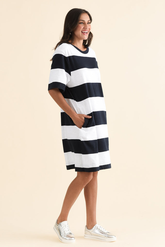 Pebble Navy Stripe Cotton T-Shirt Dress,Side,Brunette model,alt text|model:Brontie image 3