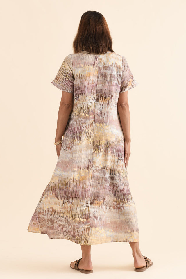 Perlina Yellow Abstract Linen Dress,Back,Brunette model,alt text|model:Cara image 4