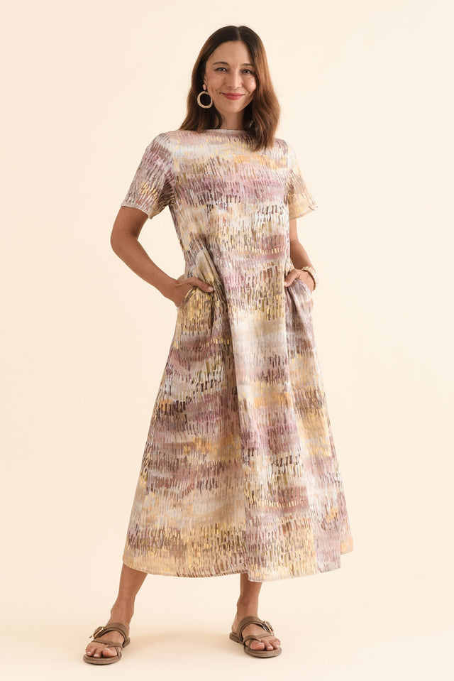 Perlina Yellow Abstract Linen Dress,Front,Brunette model,alt text|model:Cara image 1