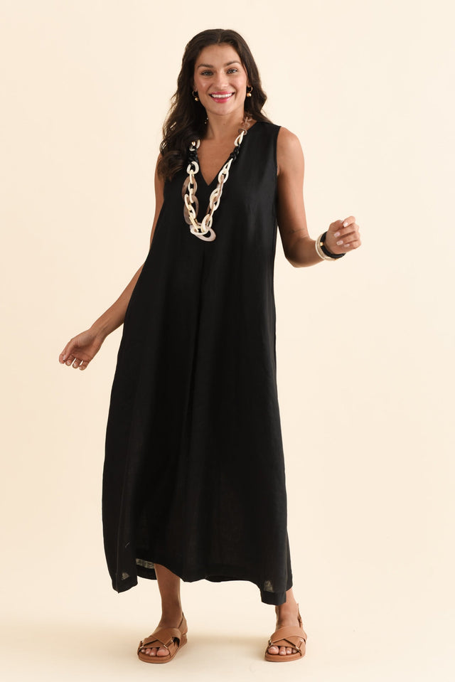 Phoebe Black Linen Midi Dress,Brunette model,alt text|model:Brontie image 3