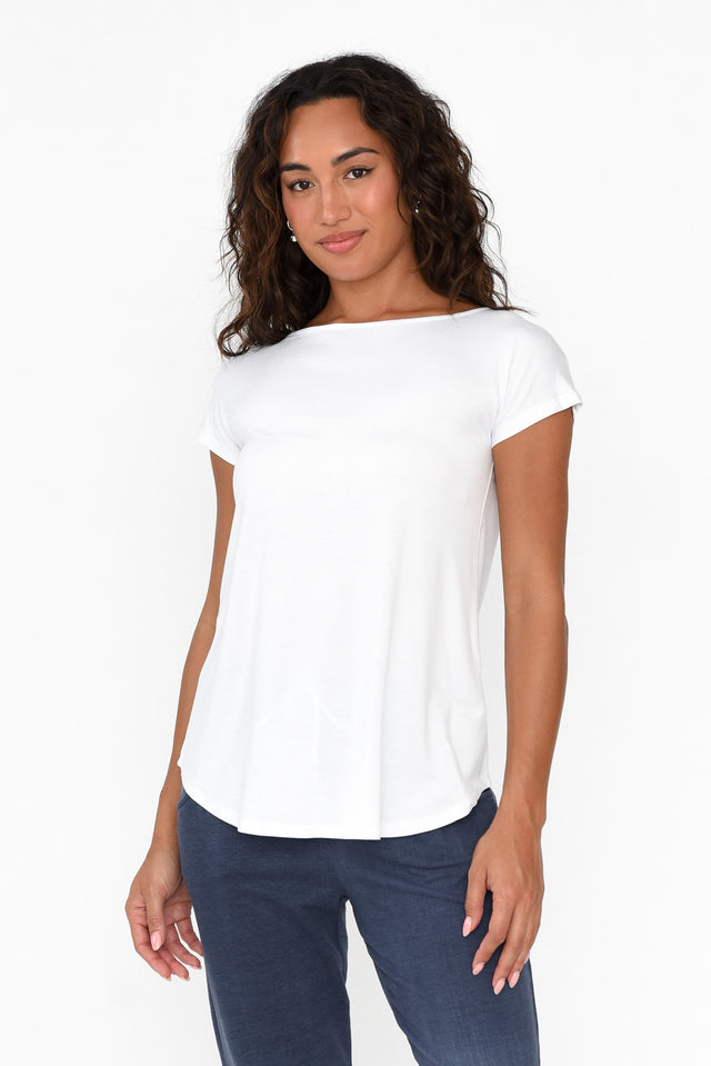 Pia White Bamboo Boatneck Tee neckline_Boat  alt text|model:Demi;wearing:XS