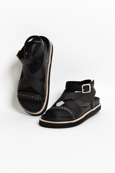 Pilar Black Leather Crossover Sandal