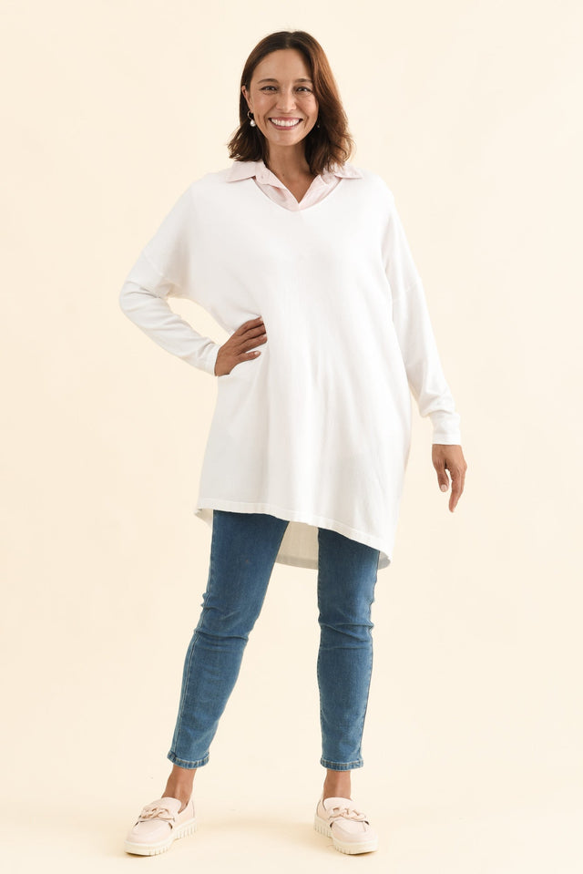 Piper White V Neck Knit Jumper,Full Body,Brunette model,alt text|model:Cara image 4