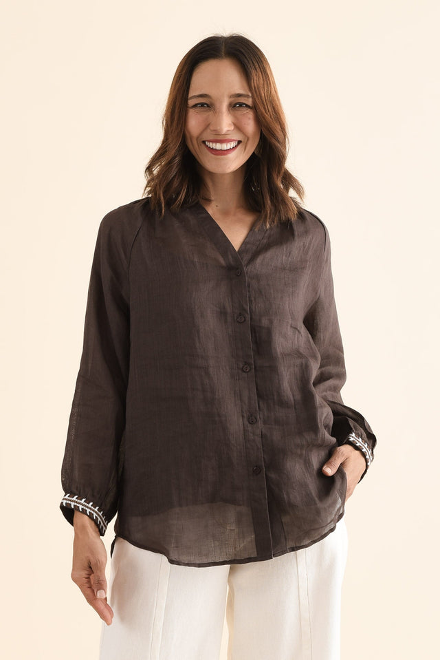 Pixie Chocolate Cotton Embroidered Blouse,Front,Brunette model,alt text|model:Cara