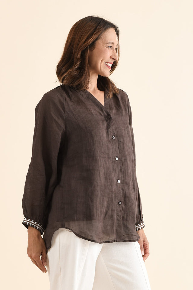 Pixie Chocolate Cotton Embroidered Blouse,Side,Brunette model,alt text|model:Cara image 3