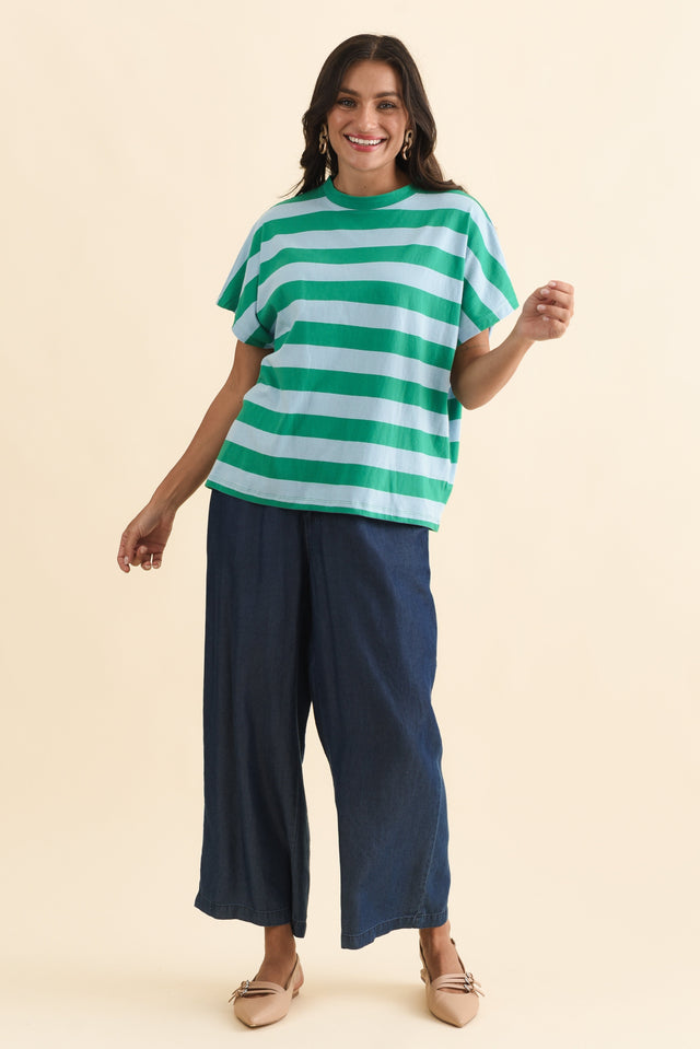 Poet Teal Stripe Cotton Tee,Brunette model,alt text|model:Brontie image 7
