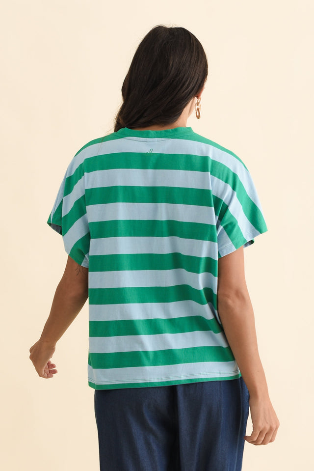 Poet Teal Stripe Cotton Tee,Brunette model,alt text|model:Brontie image 5