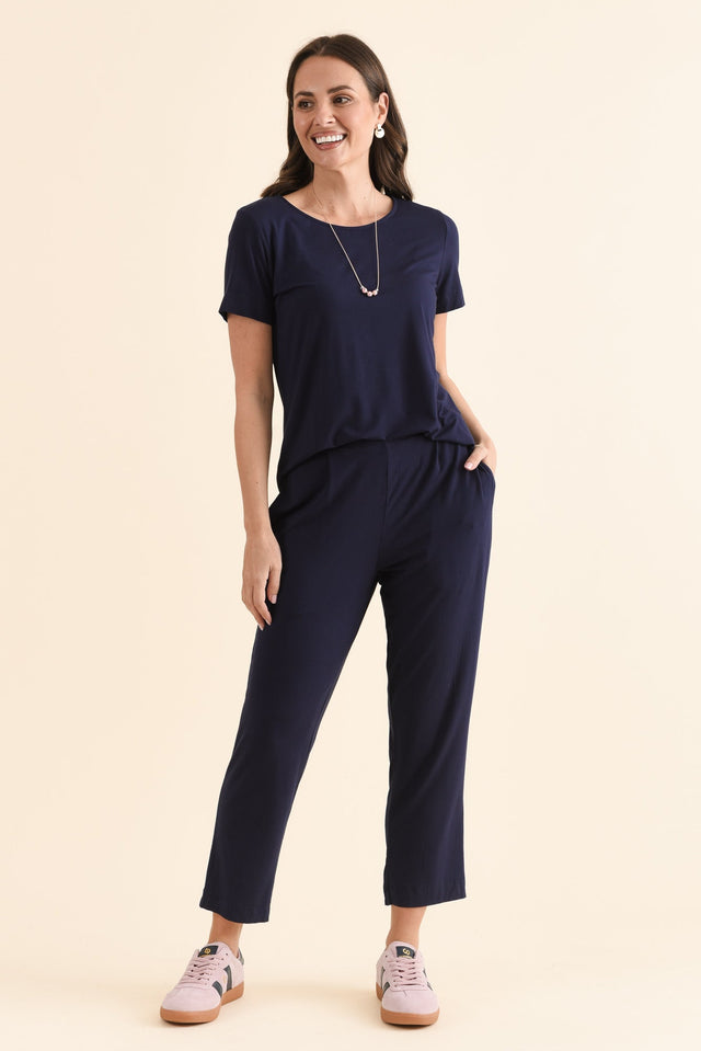 Polaris Navy Bamboo Cropped Pants,Full Body,Brunette model,alt text|model:MJ image 2