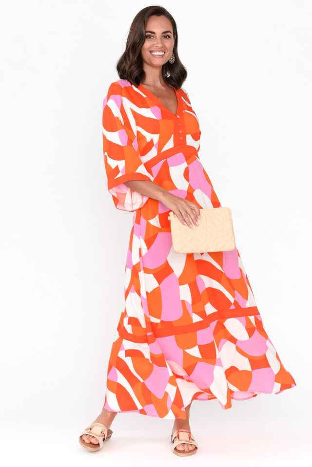 Polina Orange Abstract V Neck Dress
