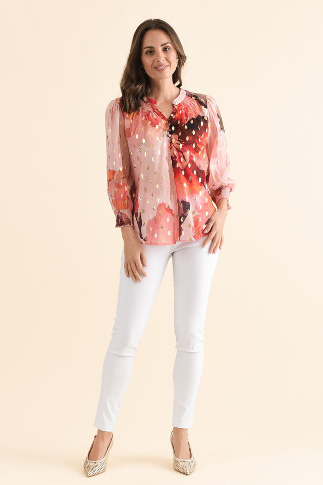 Ponting Pink Floral Foil Button Blouse,Full Body,Brunette model,alt text|model:MJ image 6